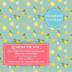 May include: A seamless pattern featuring lemons, lemon slices, and white flowers on a light blue background. The text "Lemon Picnic" is in a pink rectangle at the bottom of the image. The text "Seamless Pattern" is in a light blue circle at the top of the image.