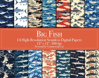 Big Fish Digital Papers, Fishing Seamless Pattern Scrapbook Paper, Commercial Use Instant Download Junk Journal, Printable Menu, Card Making