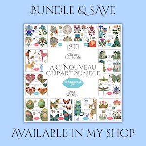 May include: A digital collection of 810 Art Nouveau clipart elements in PNG format at 300 dpi. The bundle features various themes including irises, seashells, flowers, dogs, houses, hearts, bugs, Easter eggs, butterflies, cats, and crowns.