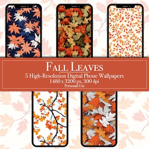 Fall Leaves iPhone Android Wallpapers, Autumn Digital Download Unique Phone Wallpapers Orange Leaves Homescreen Lock Screen Cozy Backgrounds