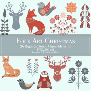 Clipart natalizie di arte popolare, collezione di clipart scandinave, adesivi carini, decorazioni luminose per feste, artigianato, inviti, pianificatore, diario spazzatura