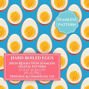 May include: Seamless pattern featuring halved hard-boiled eggs against a bright blue background. The eggs have white egg whites and bright yellow yolks. The image includes text that reads "HARD-BOILED EGGS" and "SEAMLESS PATTERN".