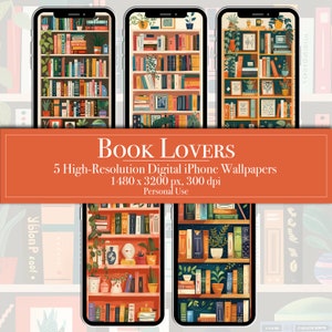 5 sfondi per iPhone e Android per amanti dei libri, download digitale, sfondi per telefono unici, libreria, libri, biblioteca, estetica dei libri, salvaschermo