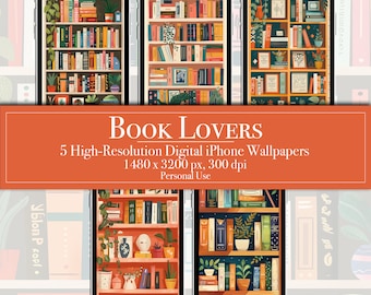 5 Book Lovers iPhone Android Wallpapers, Digital Download, Unique Phone Wallpapers, Bookshelf, Books, Library, Book Aesthetic, screen savers