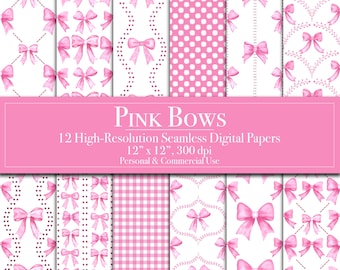 Pink Bows Digital Papers, Preppy Seamless Pattern, Coquette Ribbons Scrapbook Paper Commercial Use, Instant Download Junk Journal, Valentine