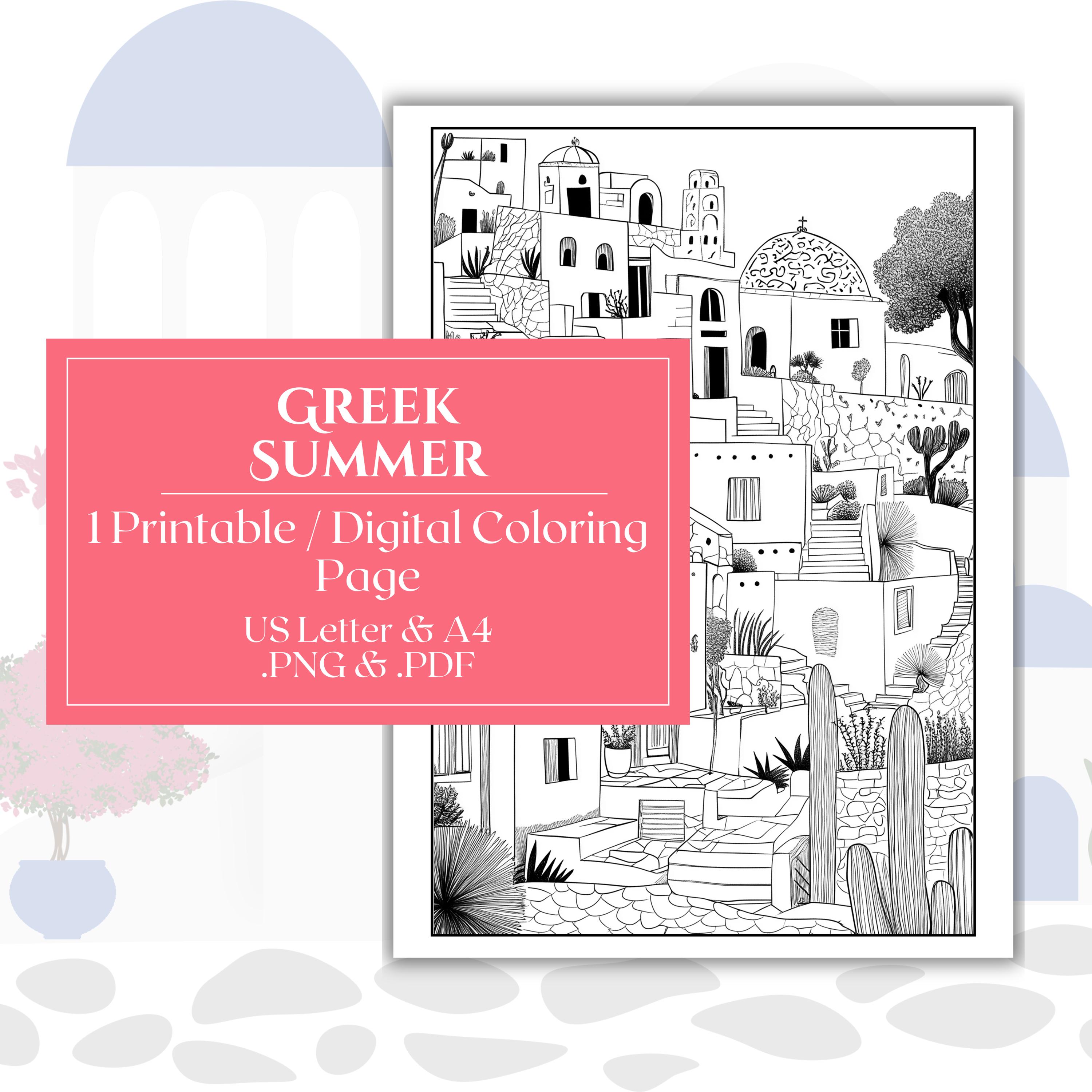 Printable Greek Town Coloring Page – Relaxing Adult and Kids Coloring Sheet | Mykonos and Santorini Inspired Instant Download