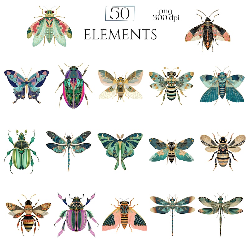 Art Deco Insect Clipart, Vintage Bug Graphics, Modern Cicada Dragonfly Moth Illustrations (50 Files, Transparent Background)