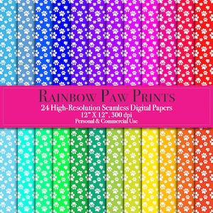 Rainbow Paw Prints digitale papierbundel, naadloos dierpatroon, hondenpoot plakboekpapierset, commercieel gebruik, direct downloaden, afdrukbaar