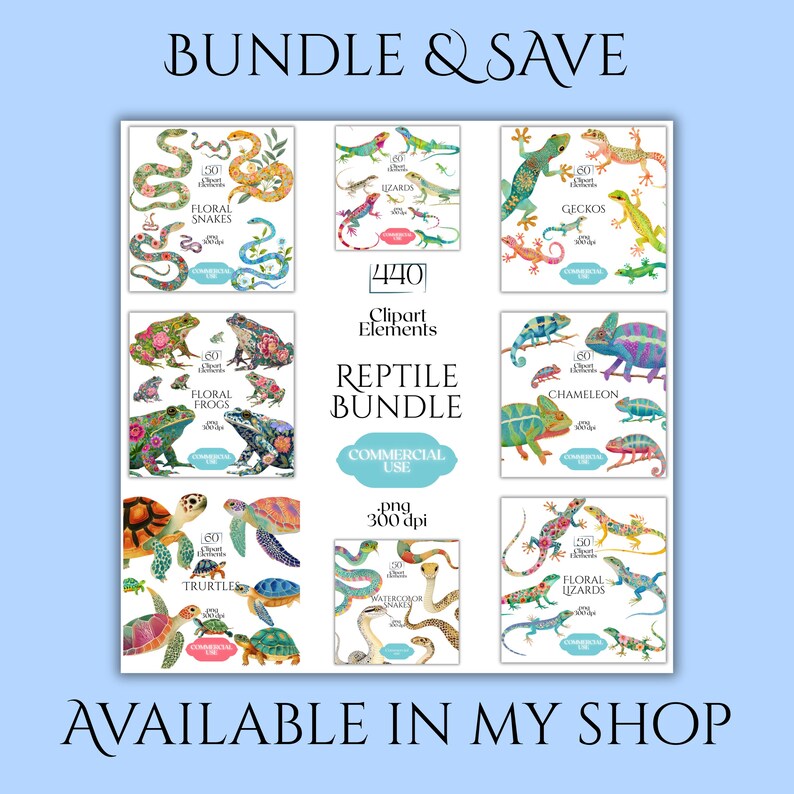 K&ouml;nnte beinhalten: Ein digitales Reptilien-Paket mit 440 Clipart-Elementen im .png-Format bei 300 dpi. Die Sammlung enth&auml;lt Aquarellillustrationen von Schlangen, Eidechsen, Geckos, Fr&ouml;schen, Cham&auml;leons und Schildkr&ouml;ten mit Blumenmustern f&uuml;r die kommerzielle Nutzung.