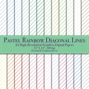 May include: 24 digital papers with diagonal lines in pastel rainbow colors. Each paper is 12 inches by 12 inches and 300 dpi.