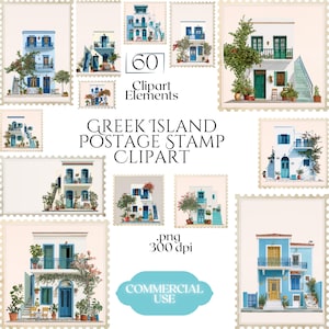 Pode incluir: Uma coleção de clipart de selos postais da ilha grega. Os selos apresentam ilustrações de edifícios brancos e azuis com portas, varandas e escadas. O texto "Greek Island Postage Stamp Clipart" é exibido.
