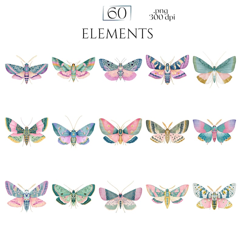 Pastel Moths Clipart, Watercolor Moth Illustrations, Colorful Moth PNG Graphics (60 Files, Transparent Background)