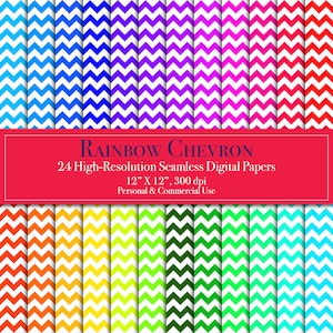 May include: A set of 24 digital papers featuring a rainbow chevron pattern. Each paper is 12 inches by 12 inches and 300 dpi. The papers are perfect for personal and commercial use.