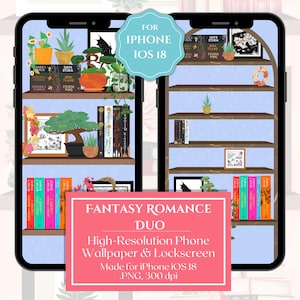 Fantasy Romance Bookshelf Wallpaper, iPhone iOS 18 Wallpaper, Large Icons Friendly, Lock Screen Wallpaper, Fantasy Romance Books Duo