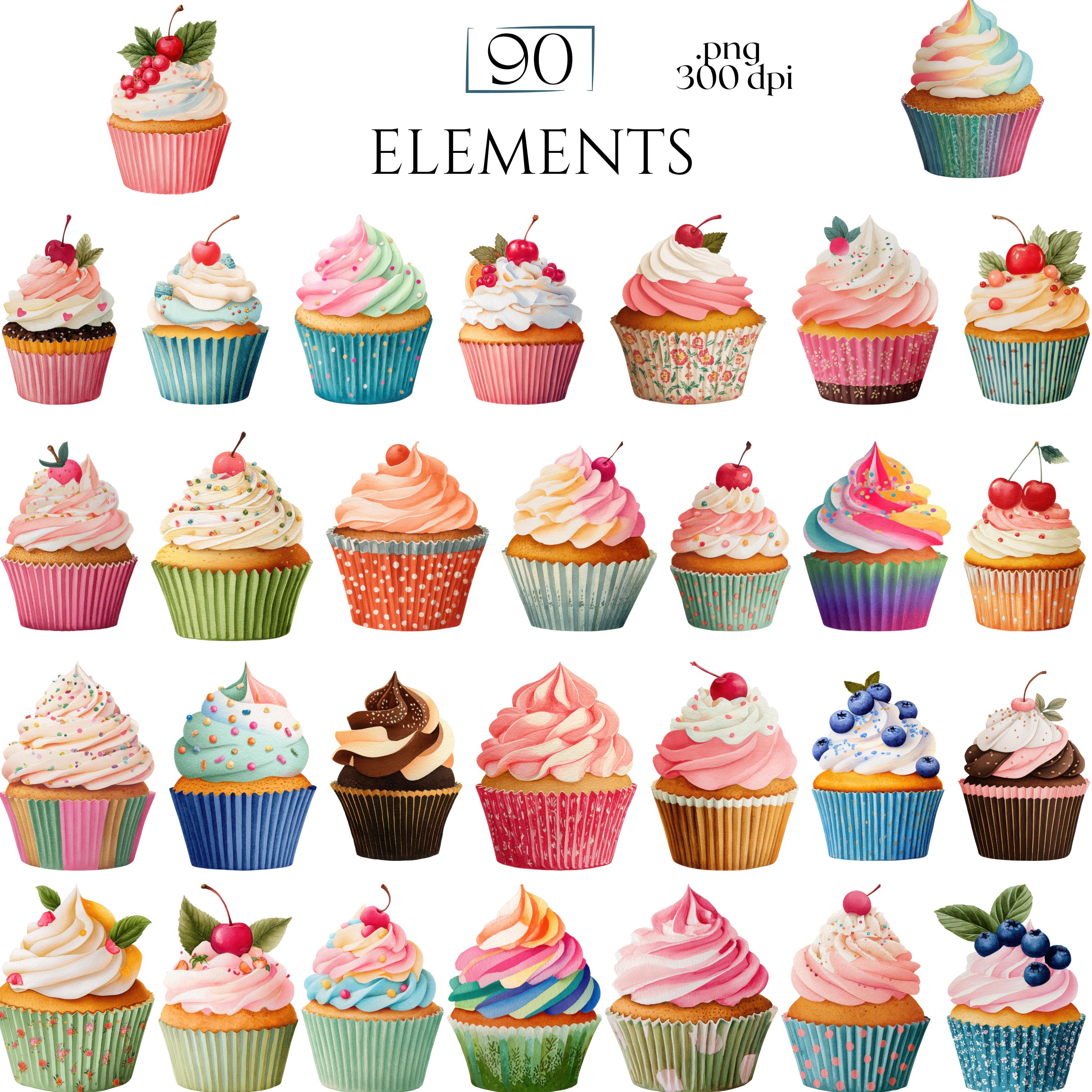 Cupcakes Clipart, Watercolor Dessert Illustrations, Sweet Bakery ...