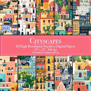Papéis digitais de paisagens urbanas, padrões de scrapbook digital sem costura de edifícios, planejador, uso comercial, fundos de diário de lixo, cartões imprimíveis