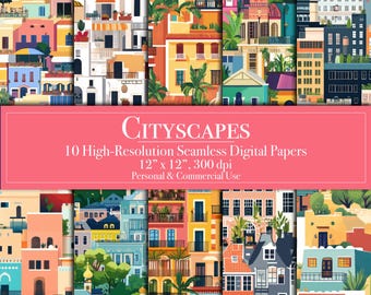 Cityscape Digital Papers, Buildings Seamless Digital Scrapbook Patterns Planner Commercial Use Junk Journal Backgrounds Printable CardMaking
