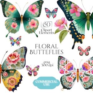 Può includere: Una collezione di illustrazioni digitali con varie farfalle con motivi floreali nei toni del rosa, verde, blu e giallo. Il testo recita 60 Clipart Elements, FLORAL BUTTERFLIES, .png 300 dpi e COMMERCIAL USE su sfondo bianco.