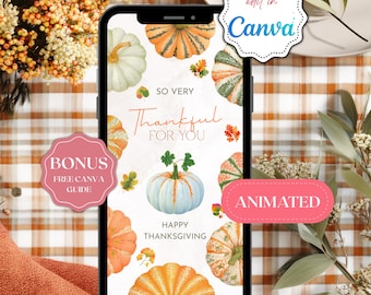 Mensaje de texto de Feliz Día de Acción de Gracias, tarjeta electrónica moderna de Acción de Gracias, saludo de otoño de calabaza editable para enviar por teléfono o redes sociales.