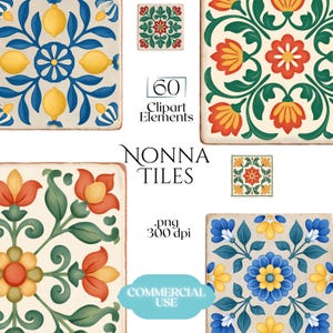 May include: A digital collection of 60 Nonna Tiles clipart elements in .png format at 300 dpi. The set features square tiles with floral and lemon motifs in colour palettes of blue, yellow, red, orange, and green on a cream background.