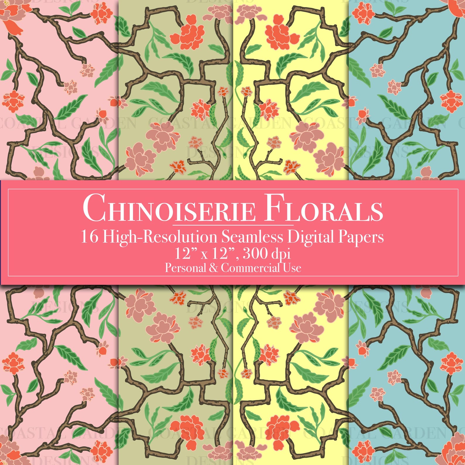 Chinoiserie Digital Paper Bundle, Floral Seamless Patterns, Peony ...