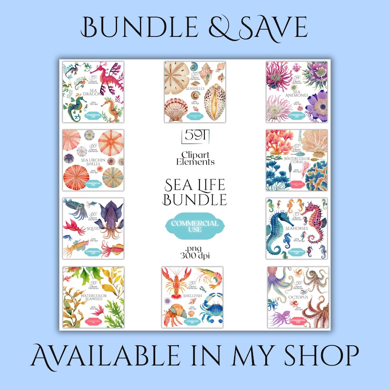 May include: A collection of watercolor sea life illustrations, including seahorses, anemones, and shells. The image features the text "BUNDLE & SAVE", "SEA LIFE BUNDLE", and "AVAILABLE IN MY SHOP". The illustrations are labeled with the names of the sea creatures.