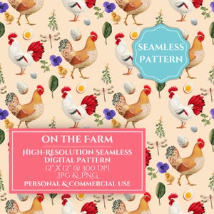 Padrão de animais de fazenda sem emendas, papel digital de galinha e galo, fundo de fazenda JPG PNG, padrão de fazenda rural para artesanato e produtos