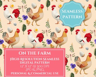 Boerderijdieren naadloos patroon, kip en haan digitaal papier, boerderij achtergrond JPG PNG, landelijke boerderij patroon voor ambachten + producten
