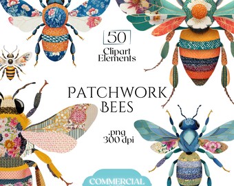 パッチワーク風ミツバチのクリップアート、キルティング風ミツバチのPNG画像、装飾的なミツバチのグラフィック（50ファイル、透明背景）
