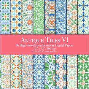 Antique Tiles Digital Paper – Seamless Vintage Azulejo Patterns for Scrapbooking, Junk Journals, Instant Download, Commercial Use, Classic