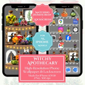 Witchy Apothecary iPhone Wallpapers, Halloween Witch Phone Theme, Magic Spell Lockscreen, Potion Shelf Homescreen, Witchcraft Background