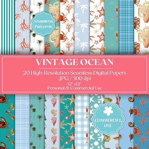 Digitala vintagepapper med havsmotiv, antika naturhistoriska havsillustrationer, mönster för maritima upptäcktsresande för tyg, tapeter och utskrift på begäran