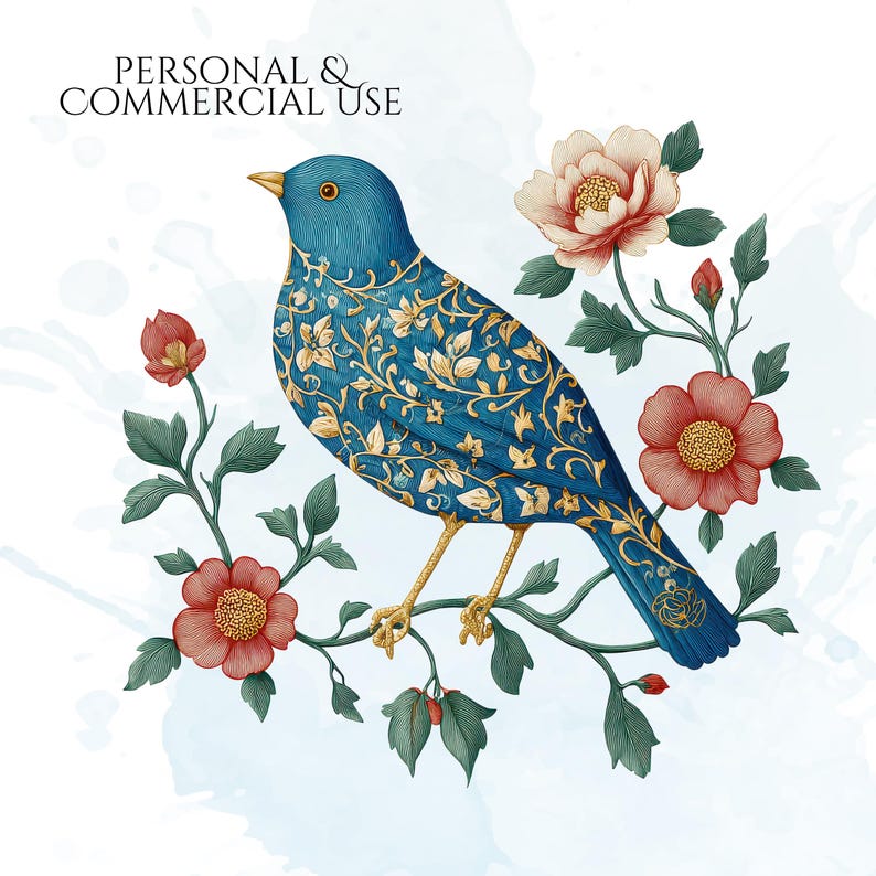 William Morris Birds Clipart, Morris-Inspired PNG Graphics, Arts & Crafts Bird Illustrations (60 Files, Transparent Background)
