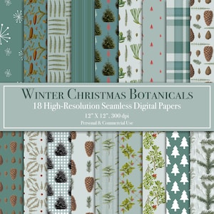Set di carta digitale botanica natalizia invernale, motivo senza soluzione di continuità, carta per scrapbooking, uso commerciale, download immediato, coordinato, pini