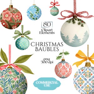 May include: A collection of 80 Christmas baubles clipart elements featuring various patterns including floral, pine tree, and geometric designs. The ornaments are decorated with ribbons and bows in red, green, and yellow, presented as a digital file.