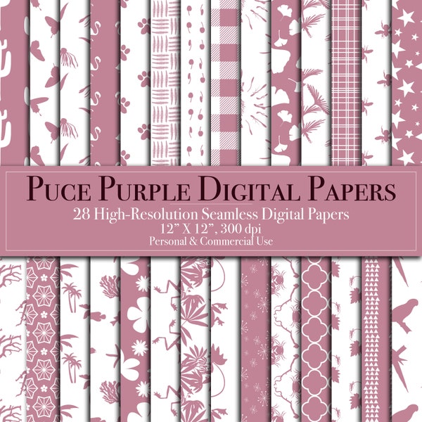 Purple Puce Digital Paper Bundle, Seamless Pattern Scrapbook Paper Commercial Use, Instant Download, Printable Junk Journal Background lilac