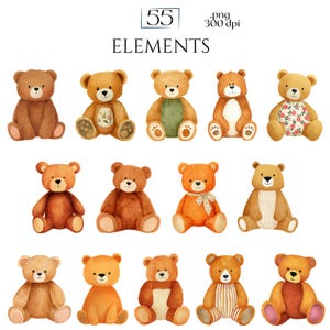 K&ouml;nnte beinhalten: Aquarell-Illustration von 12 Teddyb&auml;ren in verschiedenen Braun-, Orange- und Beiget&ouml;nen. Einige B&auml;ren haben Blumenmuster, Schleifen oder gestreifte Outfits. Das Bild enth&auml;lt den Text "55 ELEMENTS .png 300 dpi."