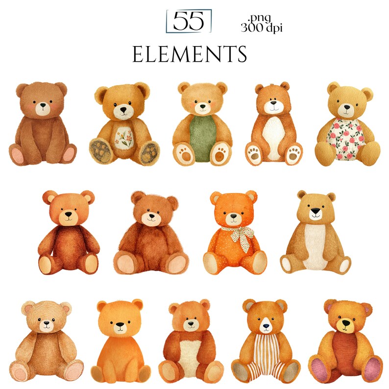 K&ouml;nnte beinhalten: Aquarell-Illustration von 12 Teddyb&auml;ren in verschiedenen Braun-, Orange- und Beiget&ouml;nen. Einige B&auml;ren haben Blumenmuster, Schleifen oder gestreifte Outfits. Das Bild enth&auml;lt den Text "55 ELEMENTS .png 300 dpi."
