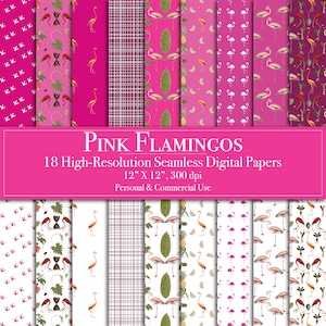 Pink Flamingos Digital Paper Bundle, Seamless Pattern, Scrapbook Paper, Commercial Use, Instant Download, Junk Journal, Printable, Tropical