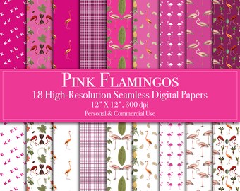Pink Flamingos Digital Paper Bundle, Seamless Pattern, Scrapbook Paper, Commercial Use, Instant Download, Junk Journal, Printable, Tropical
