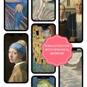 May include: A collage of famous paintings, including The Scream, The Kiss, Girl with a Pearl Earring, American Gothic, and The Great Wave off Kanagawa. The paintings are arranged in a grid pattern and are all framed in black.