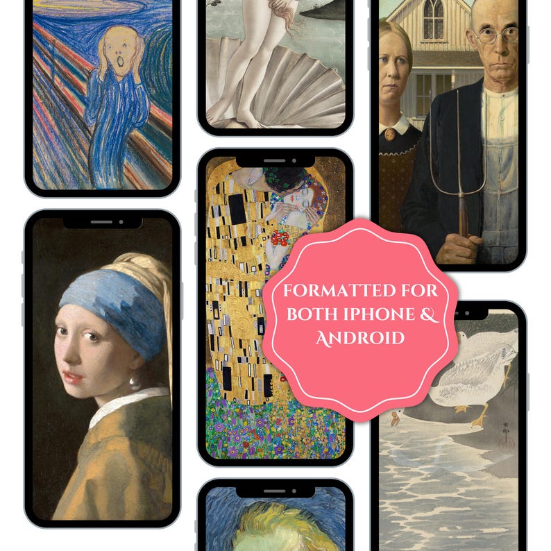 May include: A collage of famous paintings, including The Scream, The Kiss, Girl with a Pearl Earring, American Gothic, and The Great Wave off Kanagawa. The paintings are arranged in a grid pattern and are all framed in black.