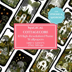 Puede incluir: Varios teléfonos inteligentes muestran fondos de pantalla con temática cottagecore. Los fondos de pantalla presentan ilustraciones de casas, árboles y escenas de la naturaleza. Un rectángulo rosa dice "MAGICAL COTTAGECORE" y "10 High-Resolution Phone Wallpapers". Un círculo azul dice "FOR IPHONE & ANDROID".