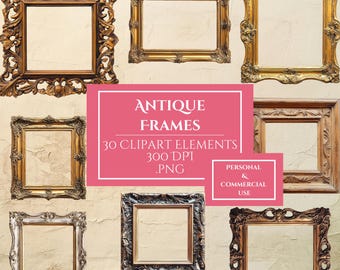 Antique Frames Clipart, Vintage PNG Bundle, Antique Baroque Clip Art, Old Rococo Digital Ephemera, Scrapbook Graphics, Junk Journal Elements