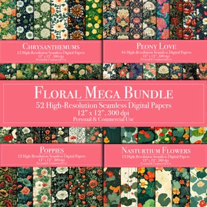 Floral Digital Paper Mega Bundle, 52 Seamless Pattern Scrapbook Paper Commercial Use Instant Download Junk Journal Printable Peonies, mums
