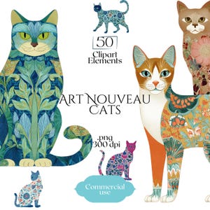 Art Nouveau-katter Clipart, William Morris-inspirerade kattillustrationer, transparent bakgrund med blommig kattgrafik, Cloisonné-katt-ephemera PNG