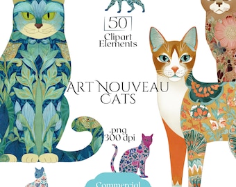 Jugendstil Katzen Clipart, William Morris inspirierte Katzen Illustrationen, transparenter Hintergrund Blumen Katzen Grafiken, Cloisonne Katze Ephemera PNG