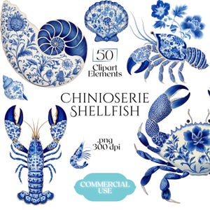 May include: Digital clipart set featuring blue and white Chinoiserie-style shellfish and seashell illustrations. Includes a nautilus shell, scallop shell, lobster, crab, and shrimp, all with intricate floral patterns. The text "CHINIOSERIE SHELLFISH" is also included.