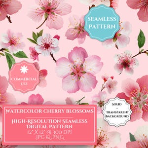 Puede incluir: Un patrón digital sin costuras con flores de cerezo en acuarela en tonos rosa y blanco, con hojas verdes sobre un fondo rosa claro. El diseño incluye el texto "Watercolor Cherry Blossoms" y "Seamless Pattern".
