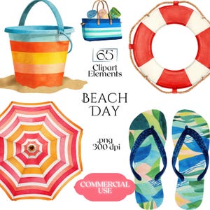 Puede incluir: Ilustraciones en acuarela con temática de playa. Incluye un cubo a rayas, una bolsa de playa, un salvavidas, una sombrilla y chanclas. También está presente el texto "Beach Day" y "Commercial Use".